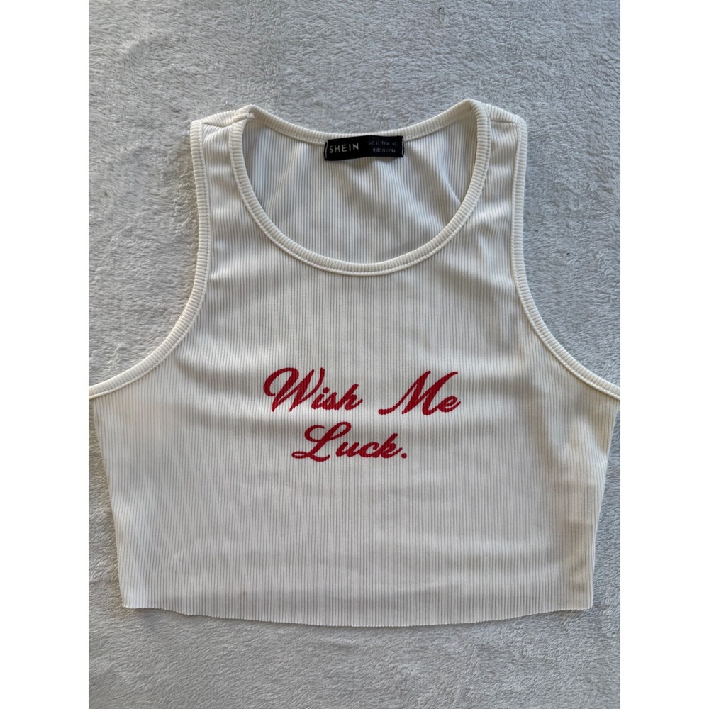 Crop Tank Top‎ Womens XS White Ribbed Wish Me Luck Graphic Sleeveless Tee